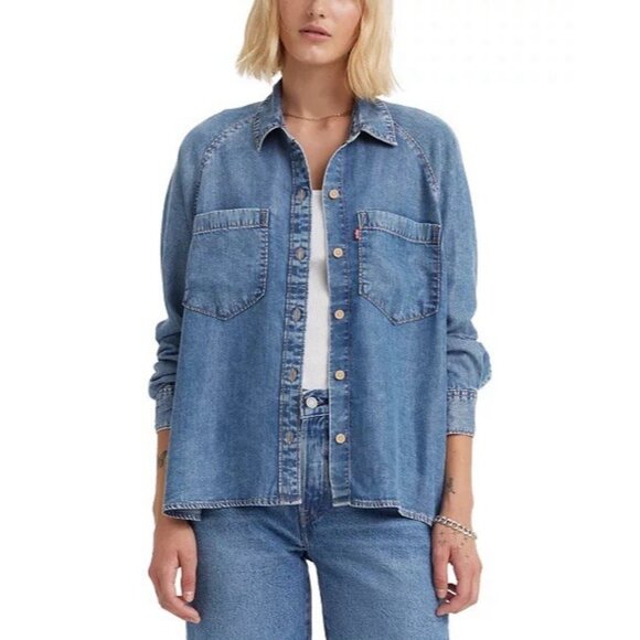 Levi's Shirt Womens L Harrison Raglan Long Sleeve Lyocell Western Button Up Blue - Picture 1 of 6